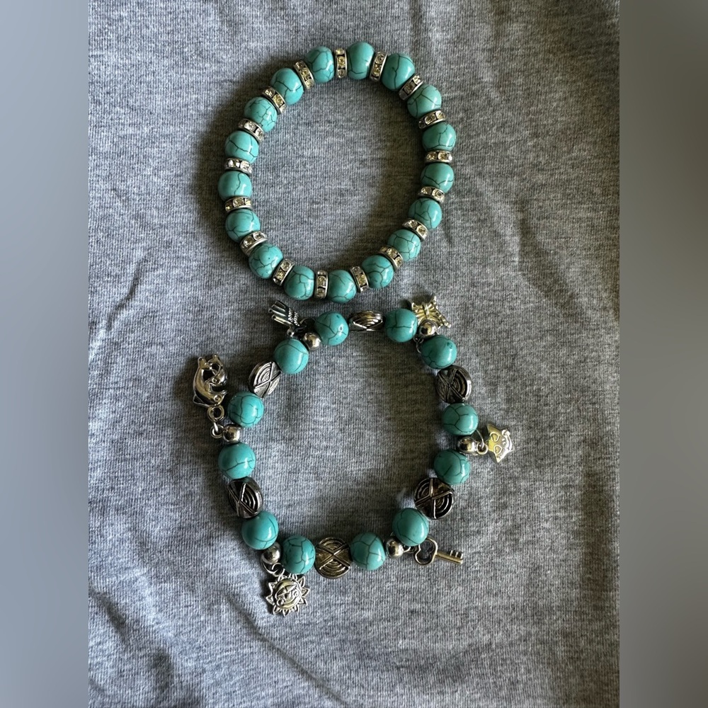 💙 Turquoise Beaded Bracelet Set | Boho Charm & Stretch Bracelet